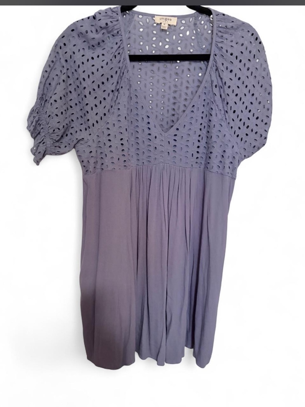 Umgee Blue Eyelet Puff Sleeve V-Neck Women’s Dress